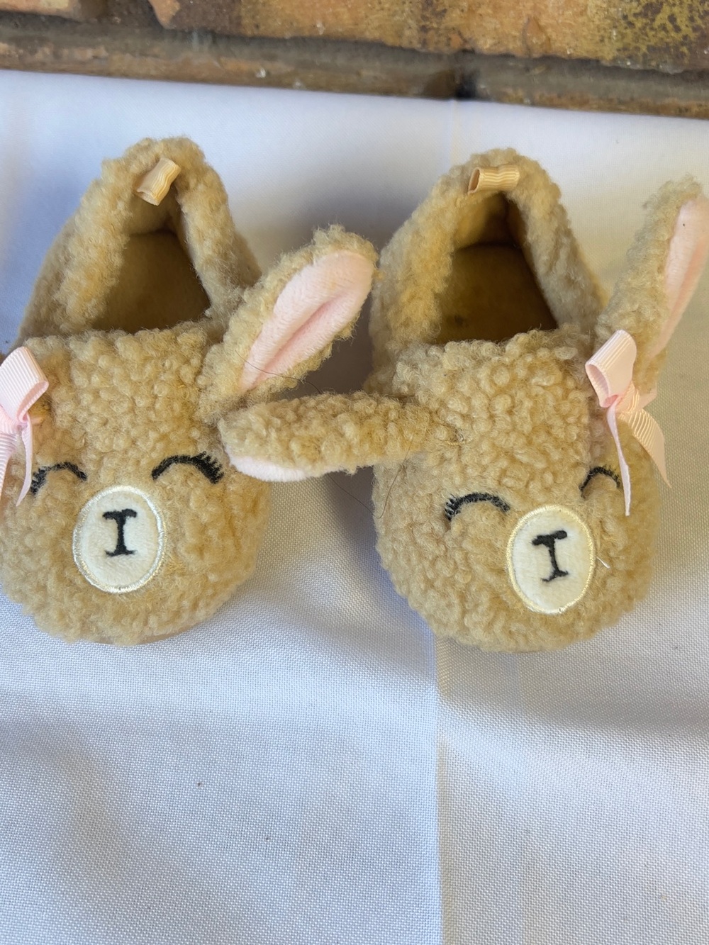Kids Plush Bunny Slip-On Slippers in Tan with Pink Ear Detail